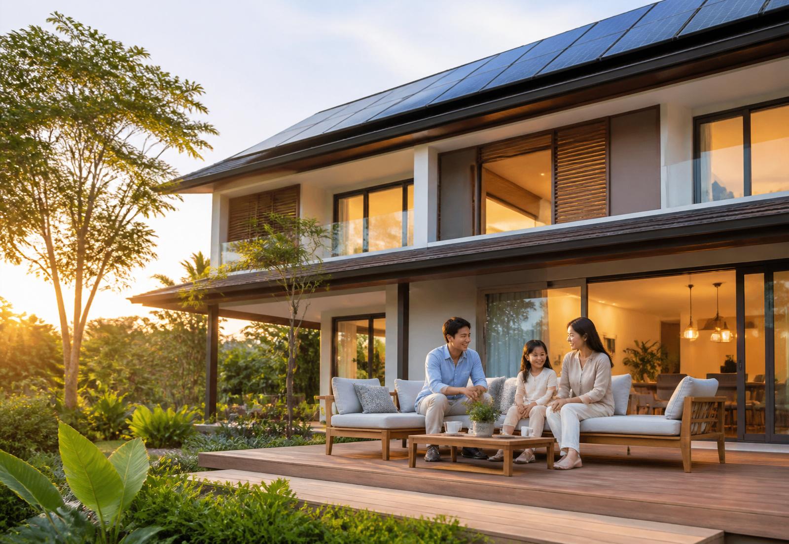 Modern Thai home with rooftop solar at golden hour, family relaxing on the terrace